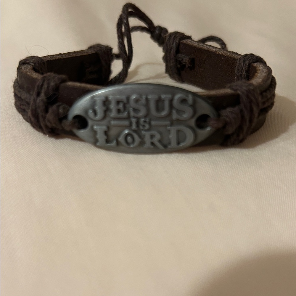 Inspirational Brown Leather Bracelet with Silver-Tone Plate